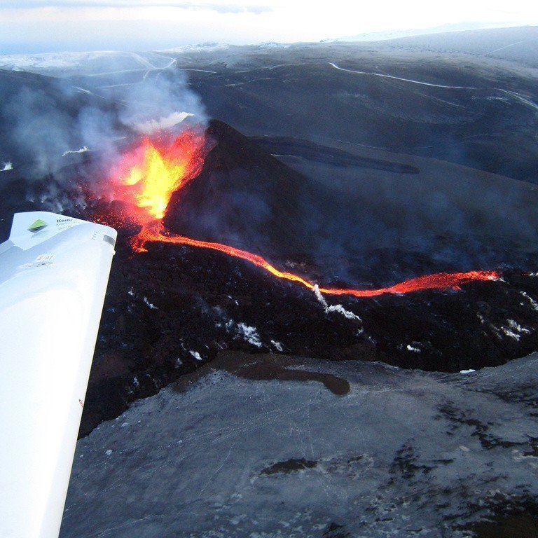 Flying over the eruption at Fimmvorduhals in Iceland