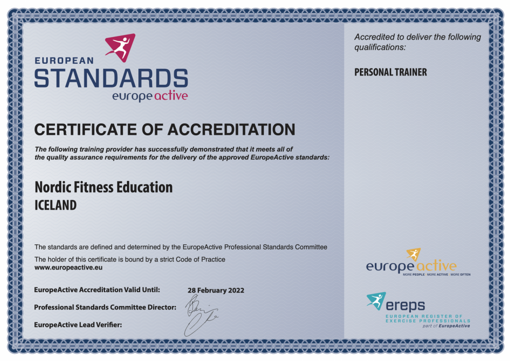 Nordic Fitness Education - Certificate of Accreditation from EuropeAcvite