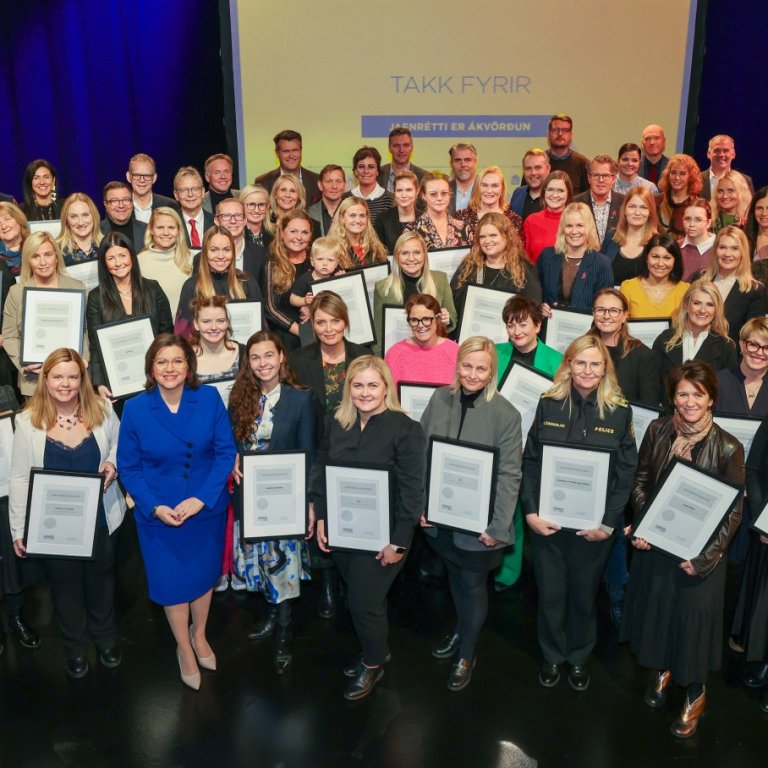 Fulltrúar félaga, fyrirtækja og sveitarfélaga sem veittu viðurkenningunni viðtöku ásamt Elizu Reed f…
