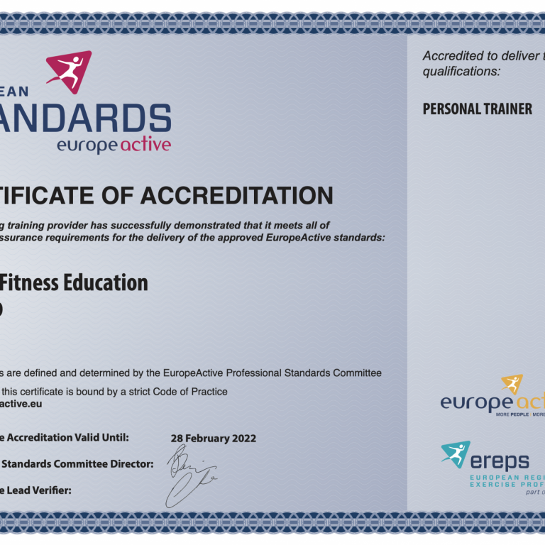Nordic Fitness Education - Certificate of Accreditation from EuropeAcvite